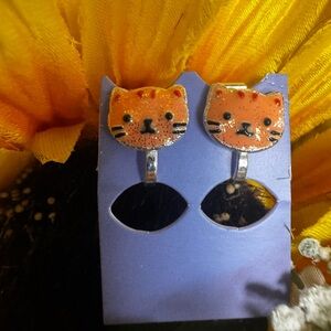 Orange Cat glitter clip-on Earrings for Kids NWT